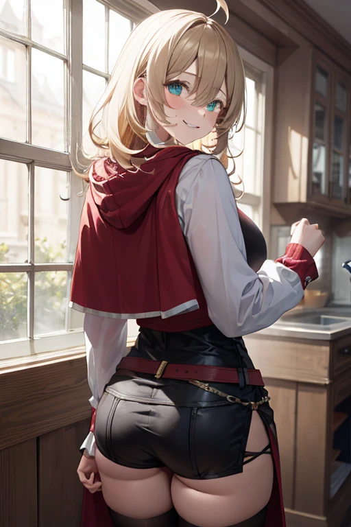 masterpiece, 1girl, sparrow, a blonde haired girl, wearing a brown viking clothes, curly medium hair, messy hair, slim body, wearing furry capelet with hoody, he close her left eye, shirt ornament, aqua eyes, sho show her back, ahoge, red vest, baby face, big breast, beautiful breasts, rounded breasts, braid hair, long sleeves, beautiful eyes, white stocking, droopy eyes, her age is 19 years old, smile, ancient viking 