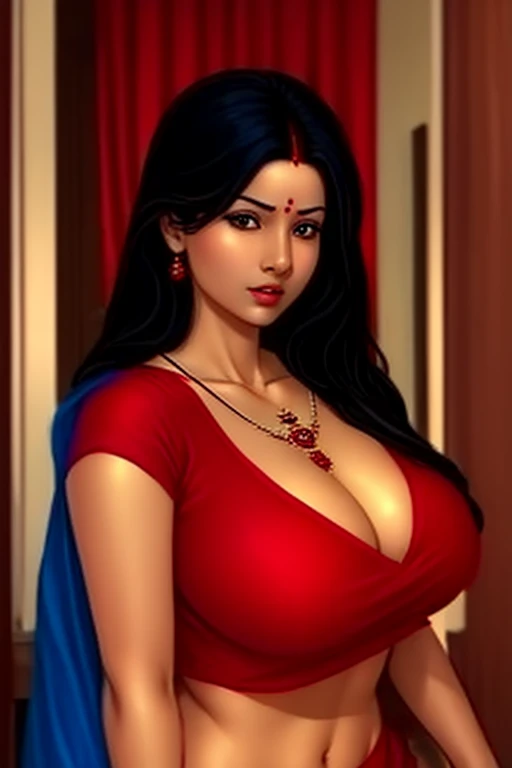 Simple girl, pretty, huge breasts, pendant, red blouse, blue saree, black hair, staring at viewer,  ultra-realistic, high quality 