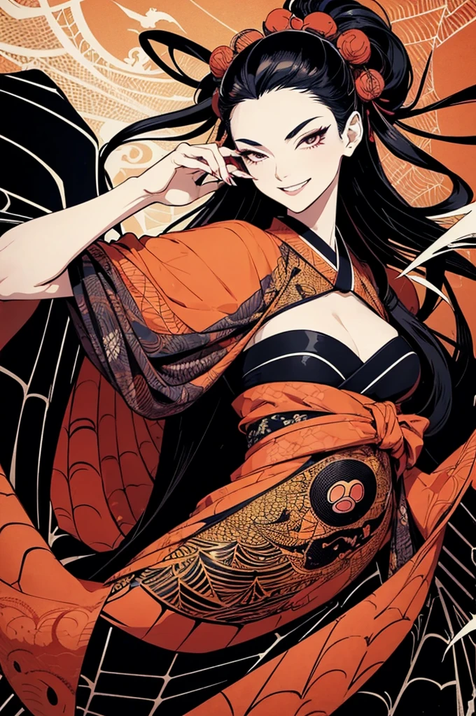 (masterpiece, best quality:1.1),
popart style,flat color,1lady,(lady with spider body),black kimono,black long hair,bad smile,background:spider's web,Ukiyo-e style illustration,dynamic pose,beautiful lighting,sharp,