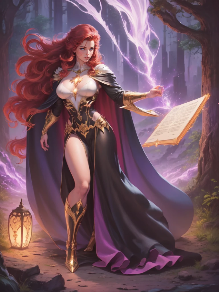 high details, best quality, 8k, [ultra detailed], masterpiece, best quality, (extremely detailed), full body, ultra wide shot, julie bell style (ultra details, Masterpiece, best quality), fantasy art, dnd art,fantasy art, realistic art, a sorceress casting a Glowing Purple spell in magical library (ultra details, Masterpiece, best quality), exquisite beautiful human woman (ultra details, Masterpiece, best quality), red hair, long hair, (long black dress: 1.2), (white cloak: 1.3), high heeled boots (ultra details, Masterpiece, best quality) Glowing Purple