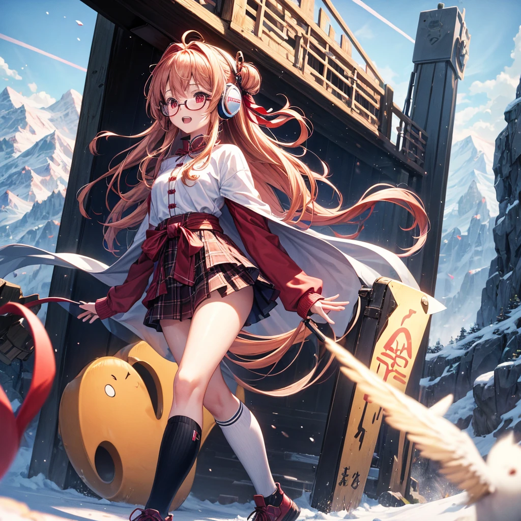 Pink gold golden hair、Red eyes、One good looking girl、solo、anime、Checkered mini skirt、The skirt has buttons、Red T-shirt、Long sleeve、China、Cape、Black knee-high socks、Wearing headphones、Wearing a ribbon、Ribbon on waist、Tilting face、Teeth are visible、tunnel、Sunset sky、The rocks are exploding、Penguins are walking、Snow is piled up、Rocky Mountain、The clouds are breaking through、Contrail、Medusa、Glasses、Cube