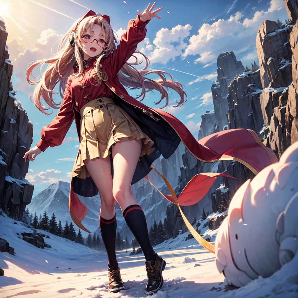 Pink gold golden hair、Red eyes、One good looking girl、solo、anime、Checkered mini skirt、The skirt has buttons、Red T-shirt、Long sleeve、China、Cape、Black knee-high socks、Wearing headphones、Wearing a ribbon、Ribbon on waist、Tilting face、Teeth are visible、tunnel、Sunset sky、The rocks are exploding、Penguins are walking、Snow is piled up、Rocky Mountain、The clouds are breaking through、Contrail、Medusa、Glasses、Cube