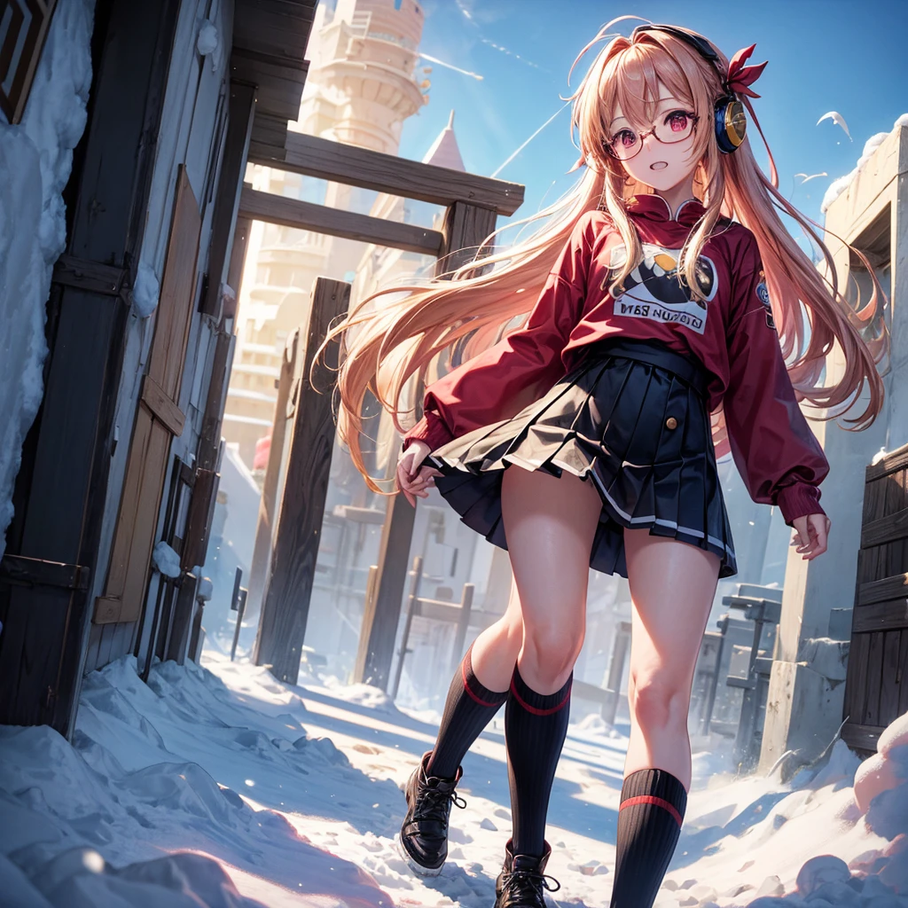 Pink gold golden hair、Red eyes、One good looking girl、solo、anime、Checkered mini skirt、The skirt has buttons、Red T-shirt、Long sleeve、China、Cape、Black knee-high socks、Wearing headphones、Wearing a ribbon、Ribbon on waist、Tilting face、Teeth are visible、tunnel、Sunset sky、The rocks are exploding、Penguins are walking、Snow is piled up、Rocky Mountain、The clouds are breaking through、Contrail、Medusa、Glasses、Cube