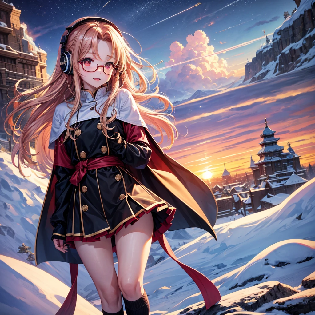 Pink gold golden hair、Red eyes、One good looking girl、solo、anime、Checkered mini skirt、The skirt has buttons、Red T-shirt、Long sleeve、China、Cape、Black knee-high socks、Wearing headphones、Wearing a ribbon、Ribbon on waist、Tilting face、Teeth are visible、tunnel、Sunset sky、The rocks are exploding、Penguins are walking、Snow is piled up、Rocky Mountain、The clouds are breaking through、Contrail、Medusa、Glasses、Cube