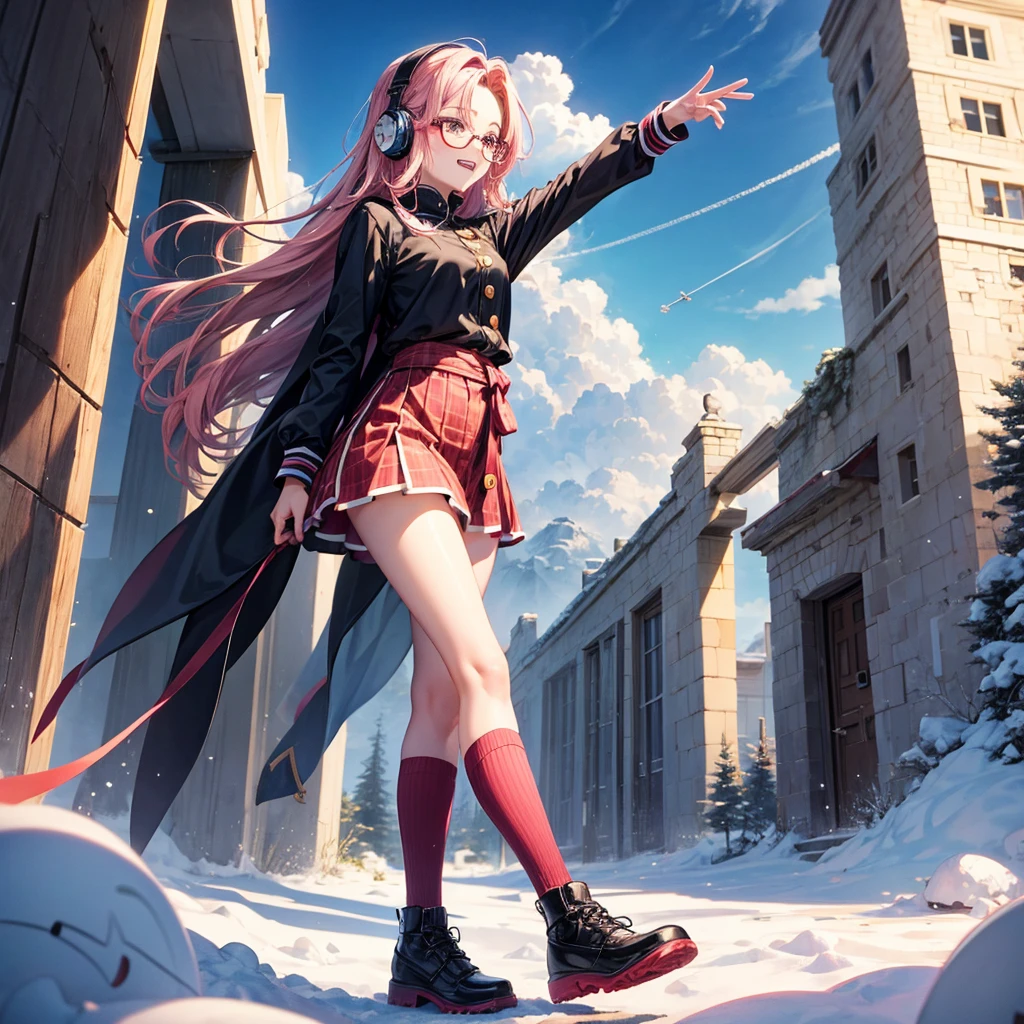 Pink gold golden hair、Red eyes、One good looking girl、solo、anime、Checkered mini skirt、The skirt has buttons、Red T-shirt、Long sleeve、China、Cape、Black knee-high socks、Wearing headphones、Wearing a ribbon、Ribbon on waist、Tilting face、Teeth are visible、tunnel、Sunset sky、The rocks are exploding、Penguins are walking、Snow is piled up、Rocky Mountain、The clouds are breaking through、Contrail、Medusa、Glasses、Cube