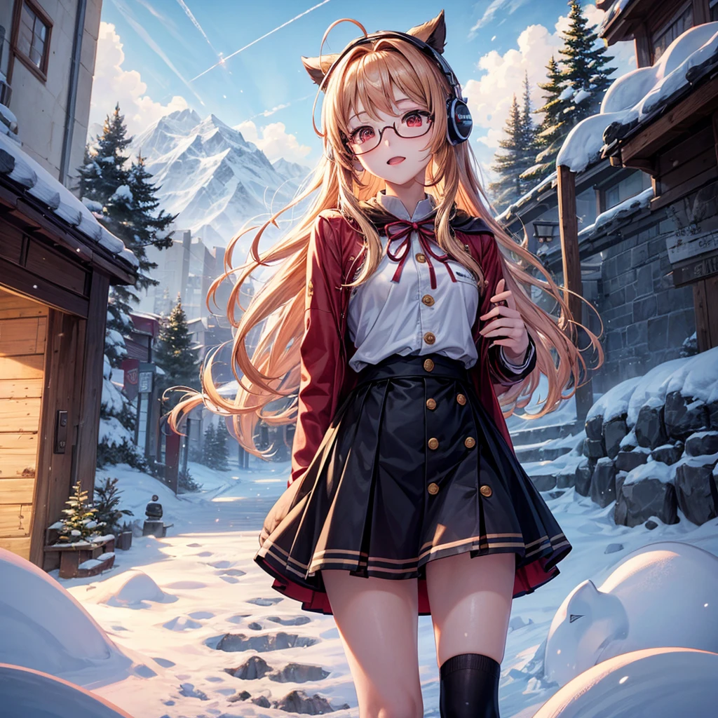 Pink gold golden hair、Red eyes、One good looking girl、solo、anime、Checkered mini skirt、The skirt has buttons、Red T-shirt、Long sleeve、China、Cape、Black knee-high socks、Wearing headphones、Wearing a ribbon、Ribbon on waist、Tilting face、Teeth are visible、tunnel、Sunset sky、The rocks are exploding、Penguins are walking、Snow is piled up、Rocky Mountain、The clouds are breaking through、Contrail、Medusa、Glasses、Cube