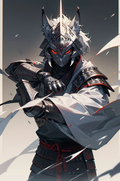 masterpiece、Wolf Knight, Fine Armor, Intricate Design, Silver, silk,8k, sharp、View your audience、Red eyes、Create with this image in mind、Samurai Armor、Transform into a wolf、