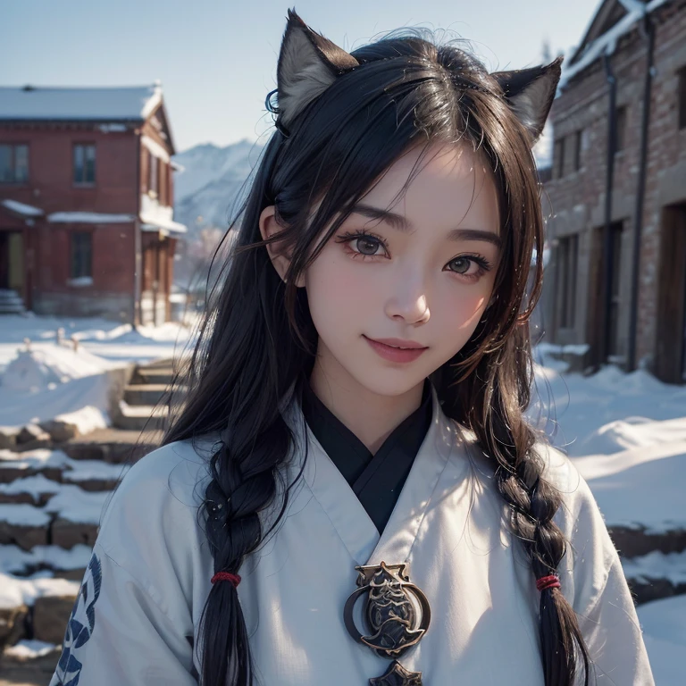 Hide in the snow mountain、Hair flows、 ((highest quality、masterpiece、8k、best image quality、ultra high resolution、Award-winning work)、(accurate anatomy:1.1)、(look at me and smile:1.1)、Shining fair skin with ultra high resolution、most detailed face、ultra high resolution detailed face、ultra high resolutionの髪の毛、(ultra high resolutionの煌めく瞳:1.1)、Beautiful face drawn in every detail、(blurred background:1.1)、ancient Inuit clothing, chest together, tattoo, Old ruins in the background、real wolf aside