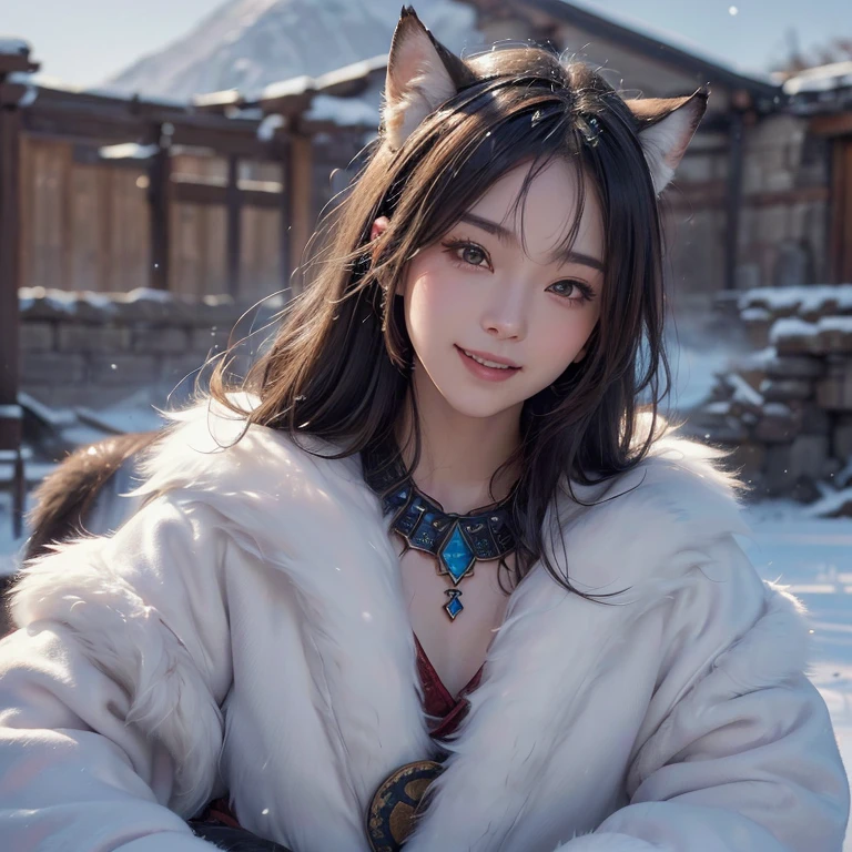 Hide in the snow mountain、Hair flows、 ((highest quality、masterpiece、8k、best image quality、ultra high resolution、Award-winning work)、(accurate anatomy:1.1)、(look at me and smile:1.1)、Shining fair skin with ultra high resolution、most detailed face、ultra high resolution detailed face、ultra high resolutionの髪の毛、(ultra high resolutionの煌めく瞳:1.1)、Beautiful face drawn in every detail、(blurred background:1.1)、ancient Inuit clothing, chest together, tattoo, Old ruins in the background、real wolf aside