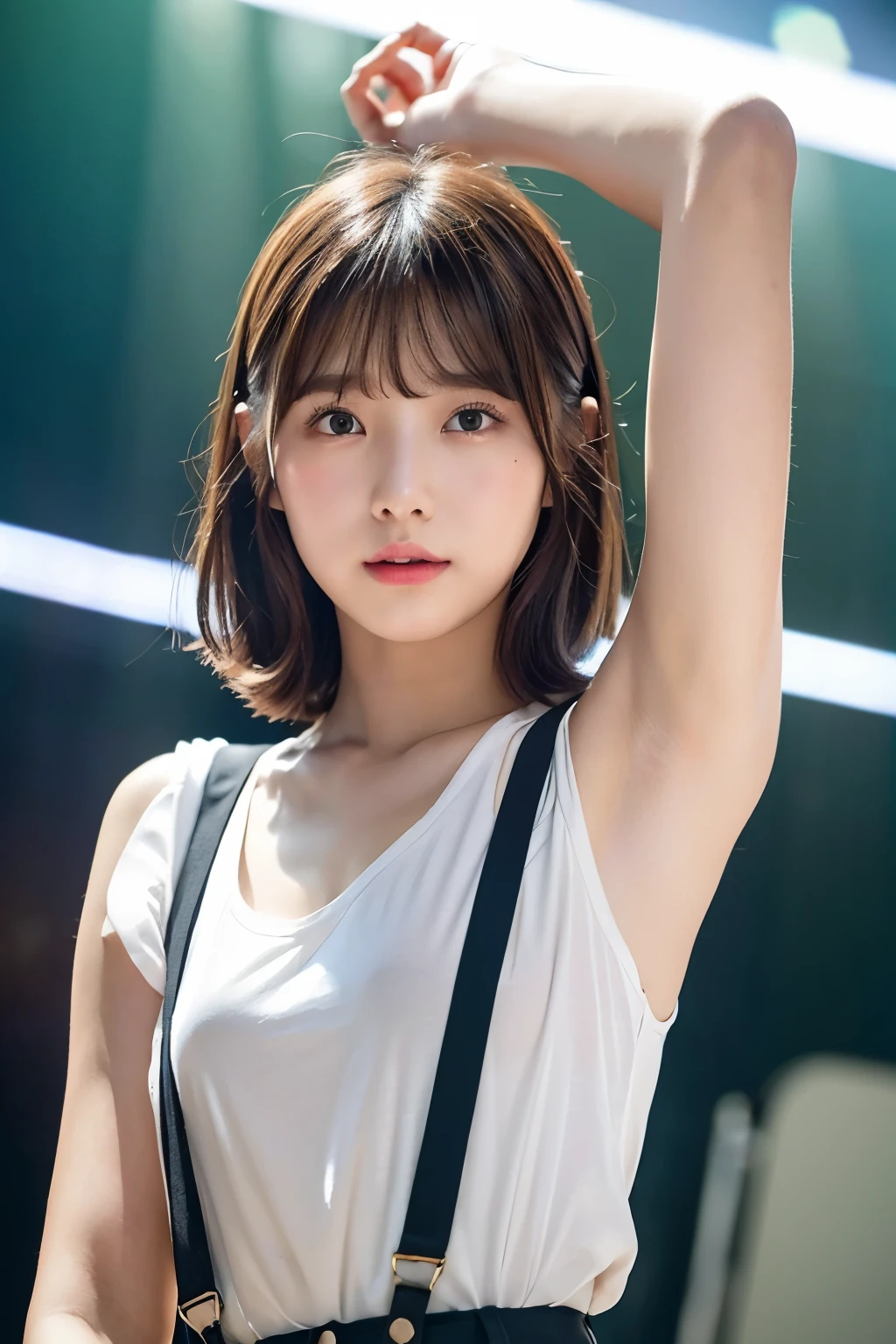 masterpiece、Flat Color、Depth of written boundary、Lens Flare 1 Girl、、Brown Hair、Staring at the audience　　　　internal　Black suspenders　　　Ample breasts　　　 　 Armpit sweat　sweating　Sides of both hands　　wall: 　Black trousers, 　sight　　　Small face　bangs over eyes　Aside Cutter Shirt,Smooth Skin、Beautiful Skin、Pure white skin