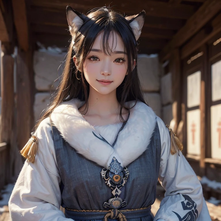 Hide in the snow mountain、Hair flows、 ((highest quality、masterpiece、8k、best image quality、ultra high resolution、Award-winning work)、(accurate anatomy:1.1)、(look at me and smile:1.1)、Shining fair skin with ultra high resolution、most detailed face、ultra high resolution detailed face、ultra high resolutionの髪の毛、(ultra high resolutionの煌めく瞳:1.1)、Beautiful face drawn in every detail、(blurred background:1.1)、ancient Inuit clothing, chest together, tattoo, Old ruins in the background、real wolf aside