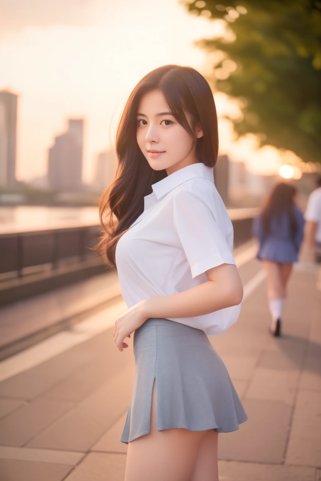 (Raw photo、masterpiece、highest quality、High Resolution)、Cute Japanese、ballet、Embarrassed、Shyness、18-year-old、One Woman、Attractive body、Huge boobs:1.4、Long Wavy Hair、high school 、Thighs 、White socks、Open shirt、Tight shirt、A see-through shirt、double eyelid、Perfect Anatomy、Very short skirt、sexy、loafers、paved、Cityscape、Fluttering skirt、Fluttering Hair、Fluttering in the wind、Wearing panties、Embarrassing、(Perfect Anatomy、Beautiful body、Healthy Body,Beautiful Skin)、evening、sunset、Professional photography、gravure、My Wife、