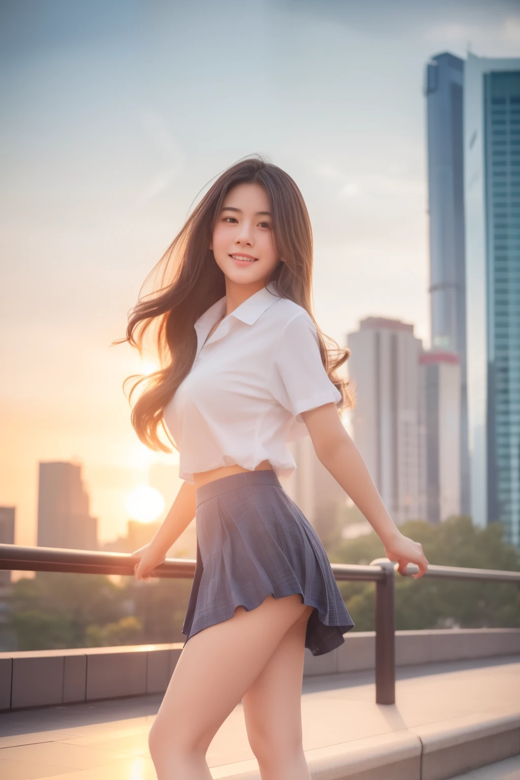 (Raw photo、masterpiece、highest quality、High Resolution)、Cute Japanese、ballet、Embarrassed、Shyness、18-year-old、One Woman、Attractive body、Huge boobs:1.4、Long Wavy Hair、high school 、Thighs 、White socks、Open shirt、Tight shirt、A see-through shirt、double eyelid、Perfect Anatomy、Very short skirt、sexy、loafers、paved、Cityscape、Fluttering skirt、Fluttering Hair、Fluttering in the wind、Wearing panties、Embarrassing、(Perfect Anatomy、Beautiful body、Healthy Body,Beautiful Skin)、evening、sunset、Professional photography、gravure、My Wife、