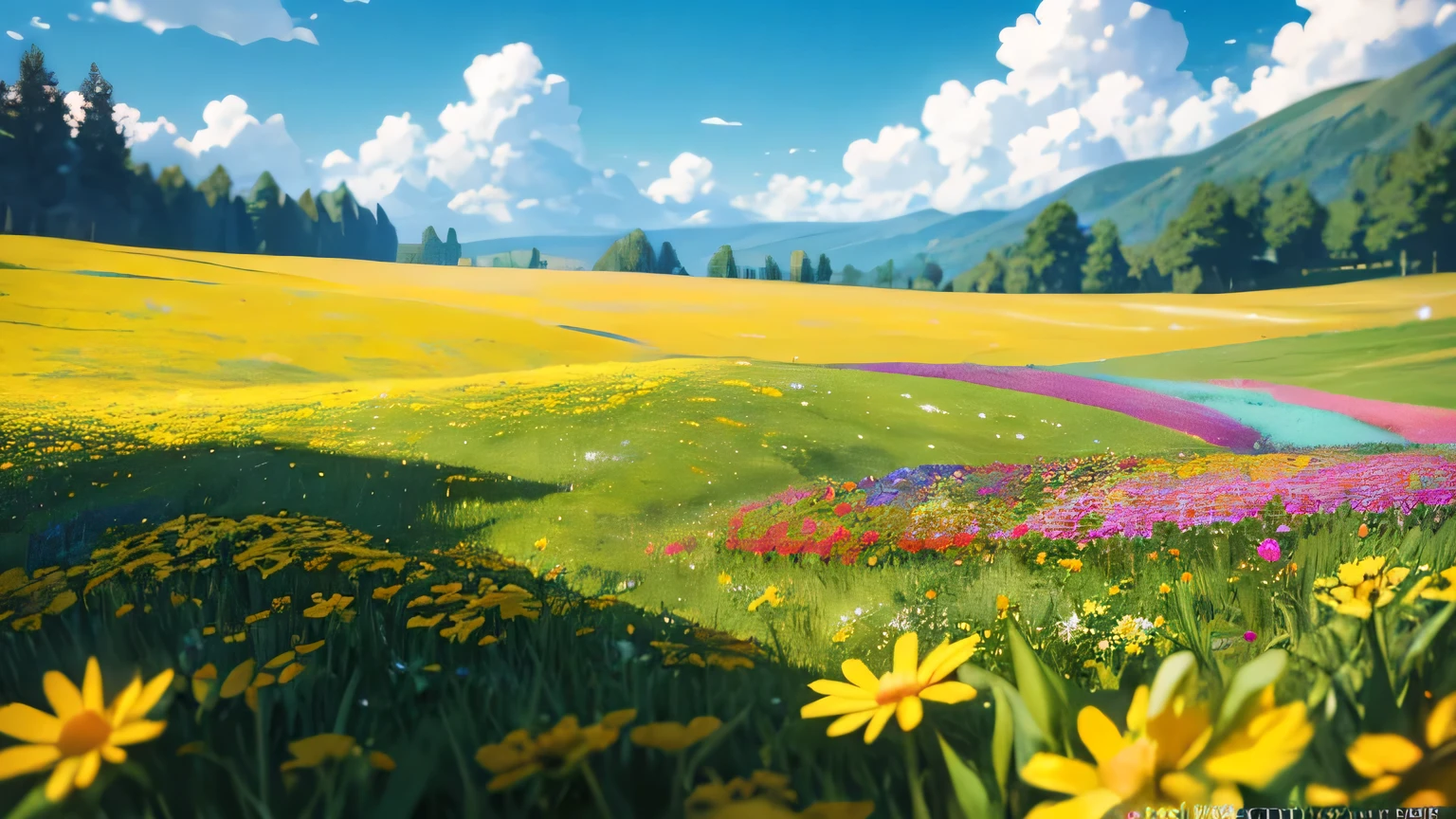 Summer, meadows, a few small flowers, heavenly views, large clouds, blue skies, hot weather, HD detail, wet watermarks, hyper-detail, cinematic, surrealism, soft light, deep field focus bokeh, ray tracing, and surrealism. --v6 no model