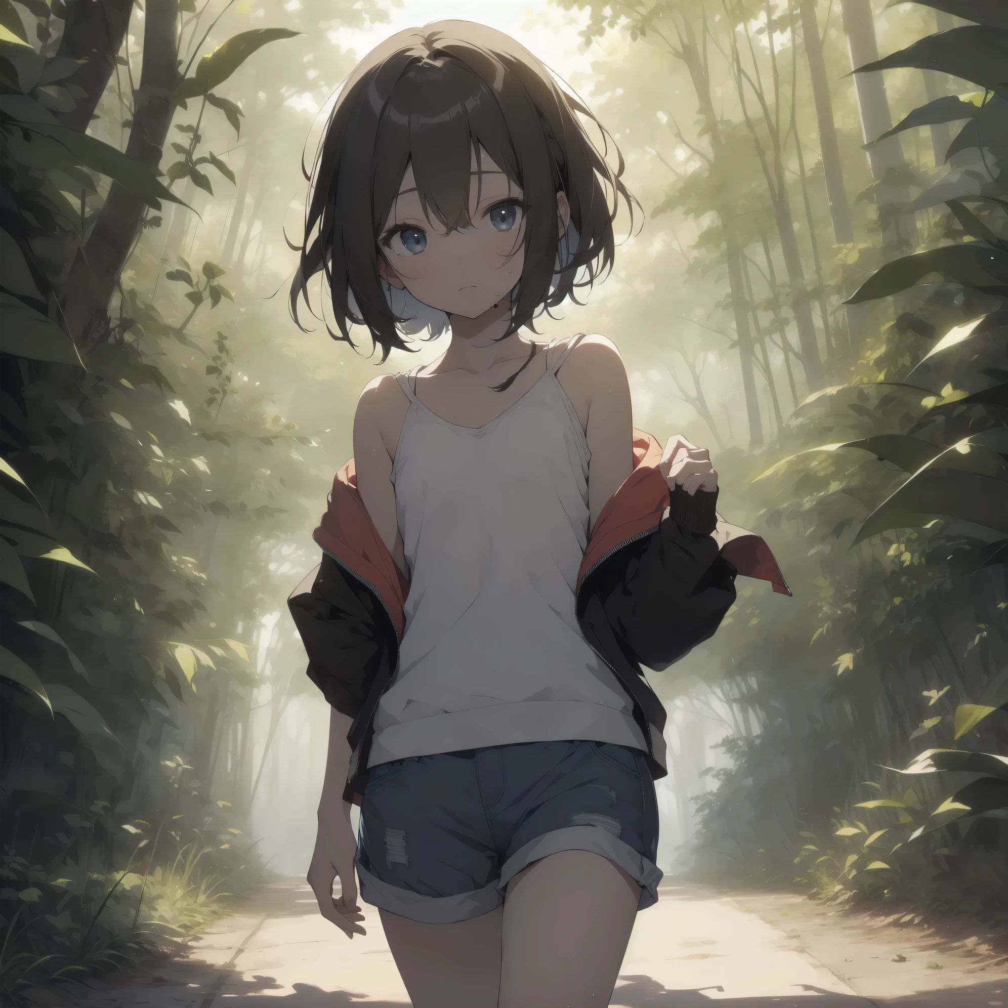 ultra-absurdres-Top quality by artist God, ultra-detailed, high resolution, anime moe artstyle, best anime 8k konachan wallpaper, pixiv contest winner, pool:2810, perfect anatomy,break, 1girl, (Solo,tomboy, 9--old:),Full limbs, complete fingers,(very short hair), messy hair, sweat, blush, flat chest, groin, small butt, small black eyes, beautiful detailed eyes, well-proportioned iris and pupils, expressive eyes, highres detailed hair, soft expression, tank top, short shorts, walking, sleepily, (Detailed Lighting), (Detailed background), summer, in the forest park. break,super detailed skin, Best cinematic lighting powered by famous artist, 8k,beauty illustration,photoshop_(medium),very aesthetic,break,((artist:beni_shake )), artist:bolze ,artist:oyari ashito ,artist:kantoku ,