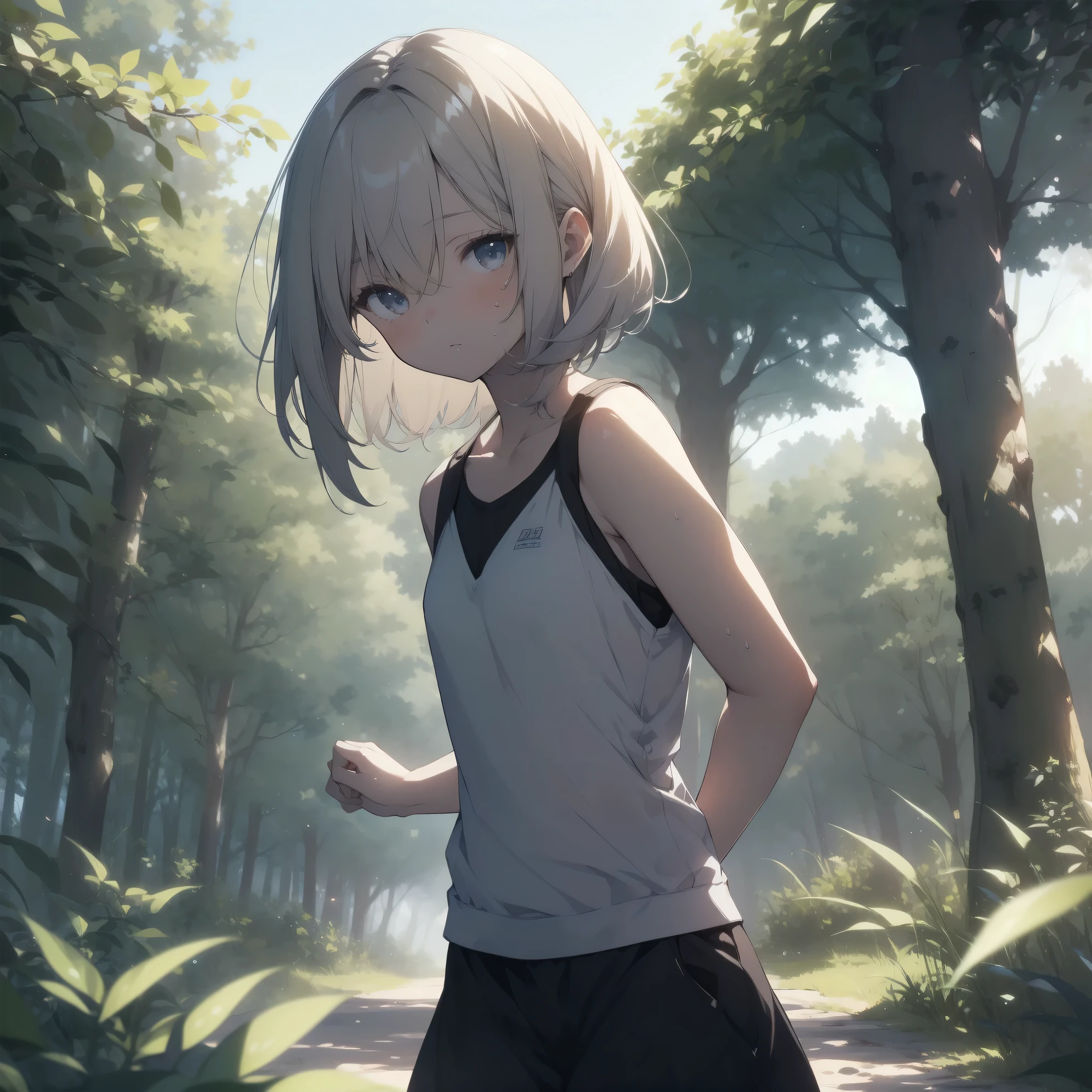 ultra-absurdres-Top quality by artist God, ultra-detailed, high resolution, anime moe artstyle, best anime 8k konachan wallpaper, pixiv contest winner, pool:2810, perfect anatomy,break, 1girl, (Solo,tomboy, 9-year-old:1.3),Full limbs, complete fingers,(very short hair), messy hair, sweat, blush, flat chest, groin, small butt, small black eyes, beautiful detailed eyes, well-proportioned iris and pupils, expressive eyes, highres detailed hair, soft expression, tank top, short shorts, walking, sleepily, (Detailed Lighting), (Detailed background), summer, in the forest park. break,super detailed skin, Best cinematic lighting powered by famous artist, 8k,beauty illustration,photoshop_(medium),very aesthetic,break,((artist:beni_shake )), artist:bolze ,artist:oyari ashito ,artist:kantoku ,