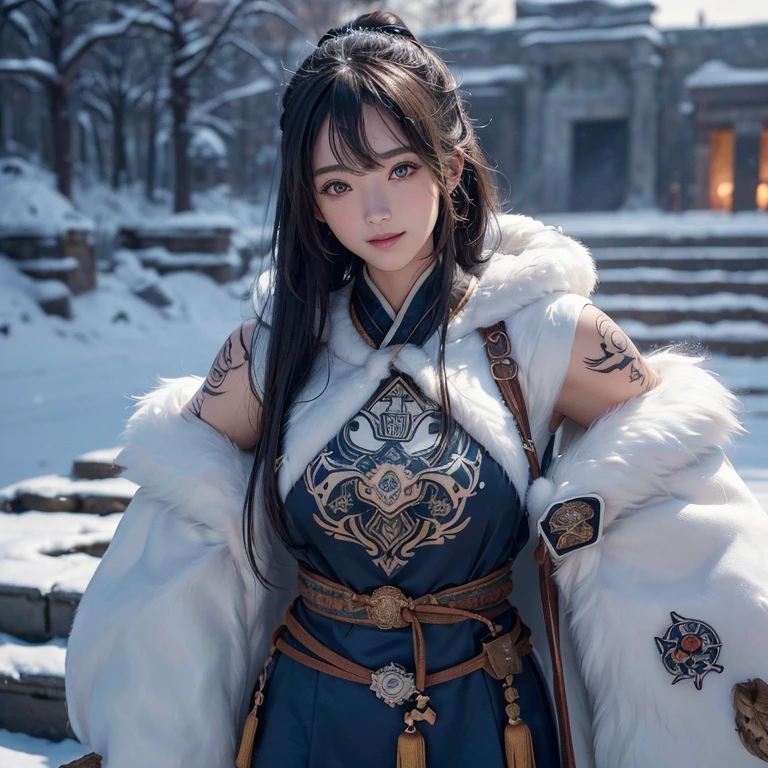 Hide in the snow mountain、Hair flows、 ((highest quality、masterpiece、8k、best image quality、ultra high resolution、Award-winning work)、(accurate anatomy:1.1)、(look at me and smile:1.1)、Shining fair skin with ultra high resolution、most detailed face、ultra high resolution detailed face、ultra high resolutionの髪の毛、(ultra high resolutionの煌めく瞳:1.1)、Beautiful face drawn in every detail、(blurred background:1.1)、ancient Inuit clothing, chest together, tattoo, Old ruins in the background、real giant eagle aside