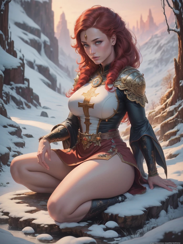 fantasy art, photorealistic, D&D art, larry elmore style, a picture of a female monk sitting cross-legged and meditating on a snowy mountain, on top of a snowy mountain there is a human woman monk wearing monk garbs, meditating near a bonfire (best details, Masterpiece, best quality :1.5) in a snowy forest (best details, Masterpiece, best quality :1.5), red hair, long hair, full body (best details, Masterpiece, best quality :1.5), ultra detailed face (best details, Masterpiece, best quality :1.5), ultra feminine (best details, Masterpiece, best quality :1.5), exquisite beautiful (best details, Masterpiece, best quality :1.5) red hair, long hair, braided hair, pale skin, blue eyes, intense eyes, ultra best realistic, best details, best quality, 16k, [ultra detailed], masterpiece, best quality, (extremely detailed), ultra wide shot, photorealism, depth of field, hyper realistic painting, 3D rendering, gl0w1ngR