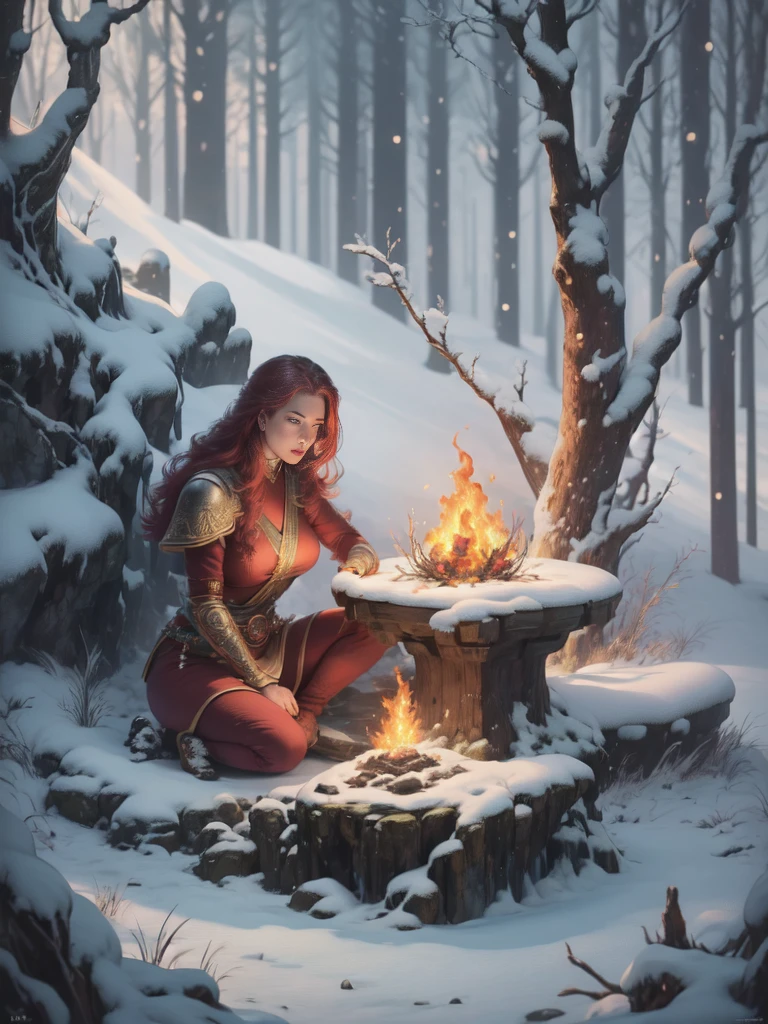 fantasy art, photorealistic, D&D art, larry elmore style, a picture of a female monk sitting cross-legged and meditating on a snowy mountain, on top of a snowy mountain there is a human woman monk wearing monk garbs, meditating near a bonfire (best details, Masterpiece, best quality :1.5) in a snowy forest (best details, Masterpiece, best quality :1.5), red hair, long hair, full body (best details, Masterpiece, best quality :1.5), ultra detailed face (best details, Masterpiece, best quality :1.5), ultra feminine (best details, Masterpiece, best quality :1.5), exquisite beautiful (best details, Masterpiece, best quality :1.5) red hair, long hair, braided hair, pale skin, blue eyes, intense eyes, ultra best realistic, best details, best quality, 16k, [ultra detailed], masterpiece, best quality, (extremely detailed), ultra wide shot, photorealism, depth of field, hyper realistic painting, 3D rendering, gl0w1ngR