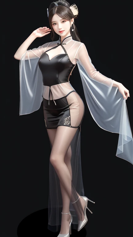 Woman in transparent clothes,Full body image, Be focused: 1.3, Chinese Girl,Model figure: 1.5, Big Tits: 1.2,Slightly fat,hair,Heroine Theme,Very tender breasts, Happy expression, Everlasting: 1.2,Highly detailed face and skin texture, Delicateeyes, Double eyelids,Translucent Tulle,Transparent Chinese Cloth,Translucent interior,Waist space,black background