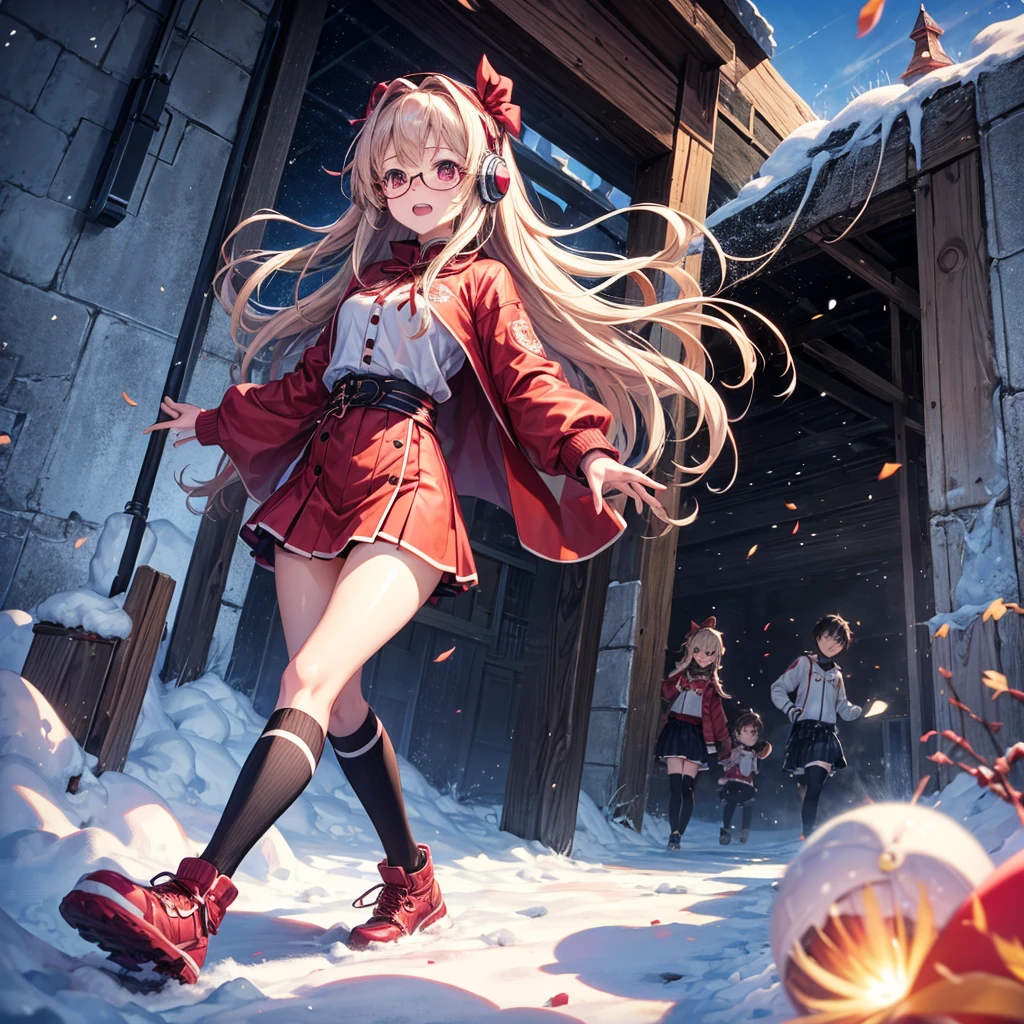 Pink gold golden hair、Red eyes、One good looking girl、solo、anime、Checkered mini skirt、The skirt has buttons、Red T-shirt、Long sleeve、China、Cape、Black knee-high socks、Wearing headphones、Wearing a ribbon、Ribbon on waist、Tilting face、Teeth are visible、tunnel、Sunset sky、The rocks are exploding、Penguins are walking、Snow is piled up、Rocky Mountain、The clouds are breaking through、Contrail、Medusa、Glasses、Cube