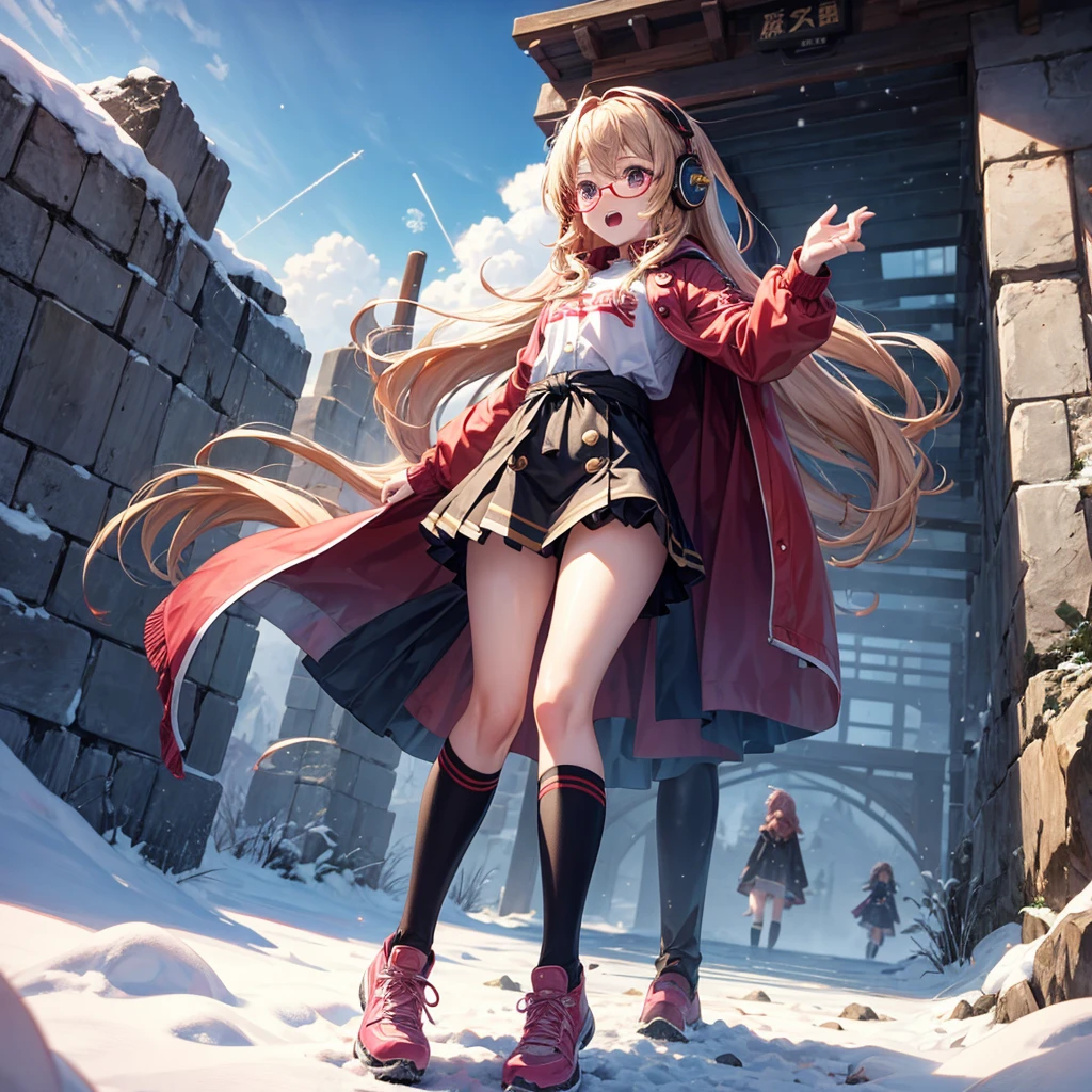 Pink gold golden hair、Red eyes、One good looking girl、solo、anime、Checkered mini skirt、The skirt has buttons、Red T-shirt、Long sleeve、China、Cape、Black knee-high socks、Wearing headphones、Wearing a ribbon、Ribbon on waist、Tilting face、Teeth are visible、tunnel、Sunset sky、The rocks are exploding、Penguins are walking、Snow is piled up、Rocky Mountain、The clouds are breaking through、Contrail、Medusa、Glasses、Cube
