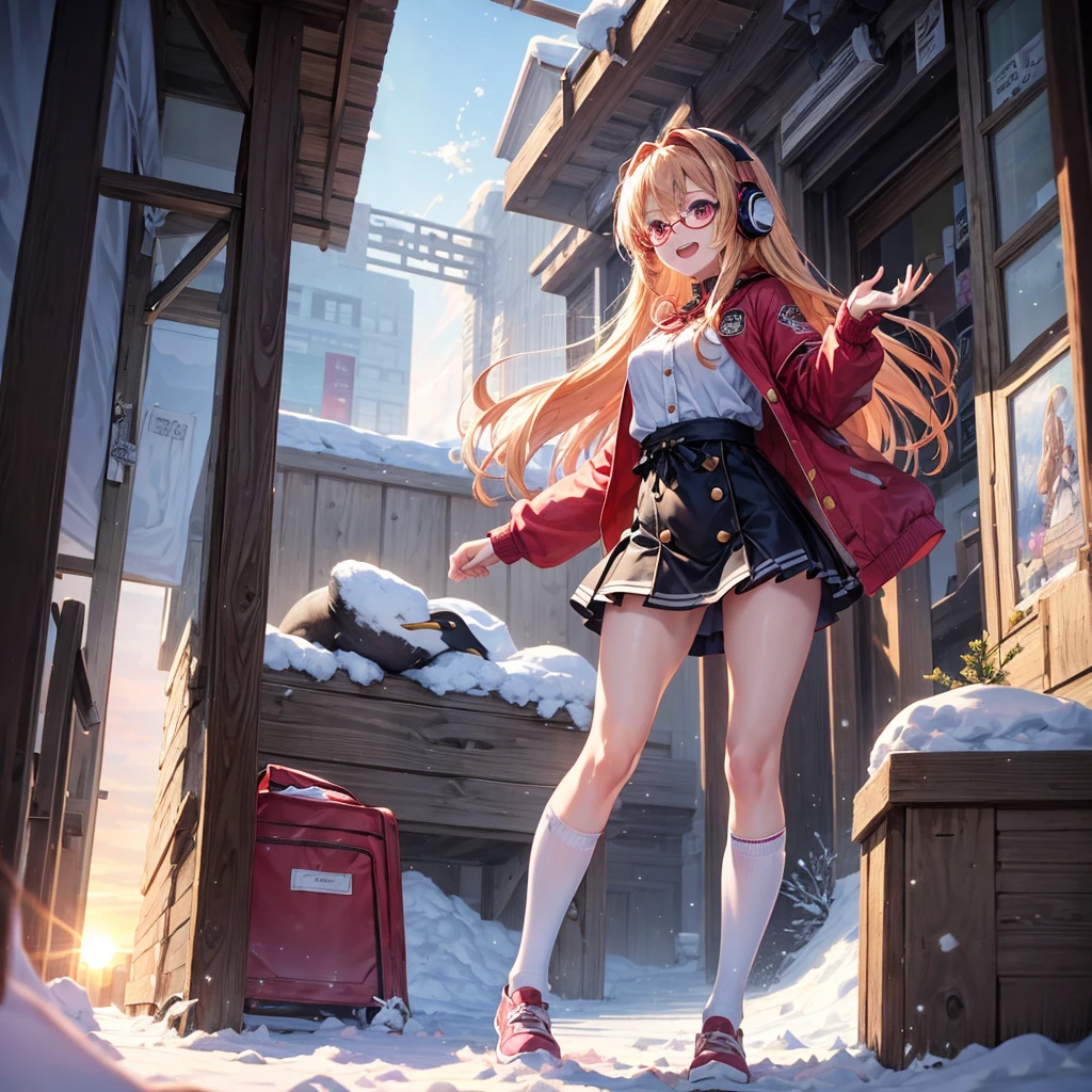 Pink gold golden hair、Red eyes、One good looking girl、solo、anime、Checkered mini skirt、The skirt has buttons、Red T-shirt、Long sleeve、China、Cape、Black knee-high socks、Wearing headphones、Wearing a ribbon、Ribbon on waist、Tilting face、Teeth are visible、tunnel、Sunset sky、The rocks are exploding、Penguins are walking、Snow is piled up、Rocky Mountain、The clouds are breaking through、Contrail、Medusa、Glasses、Cube