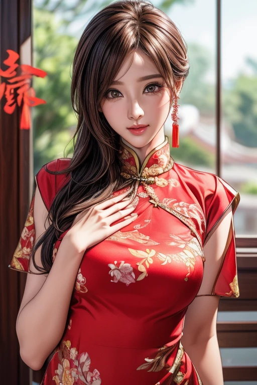 uma mulher chinesa usando vestido de porcelana, Altamente detalhado decorations, (((obra de arte))), ((melhor qualidade)), ((intrincado detalhado)), ((hiper-realista)), absurd resolution, milf, mulher madura, Perspectiva, Altamente detalhado, illustration,, (seios grandes), perfect hands, Dedos detalhados, lindos olhos detalhados, cabelo penteado, olhos castanhos,(Chinese dress:1.2), brincos, fundo detalhado, olhos perfeitos, olhos sedutores, (Olhando para o visualizador:1.2), ,