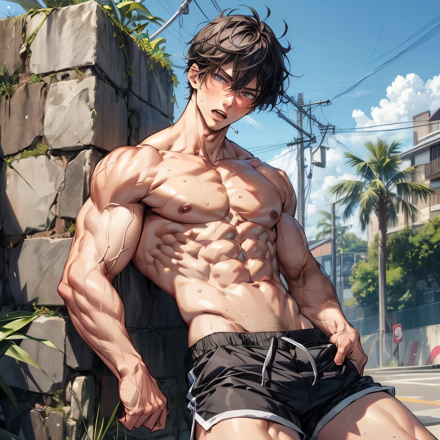 anime guy with muscular body posing in front of a wall, Cool anime poses, muscular!!, male anime character, Anime handsome man, muscular character, lean but muscular, Exaggerated muscular physique, Tall anime man with blue eyes, muscular build, Handsome guy in the art of slaying demons, exaggerated physique, Kentaro Miura Art, muscular!! Science Fiction, tear