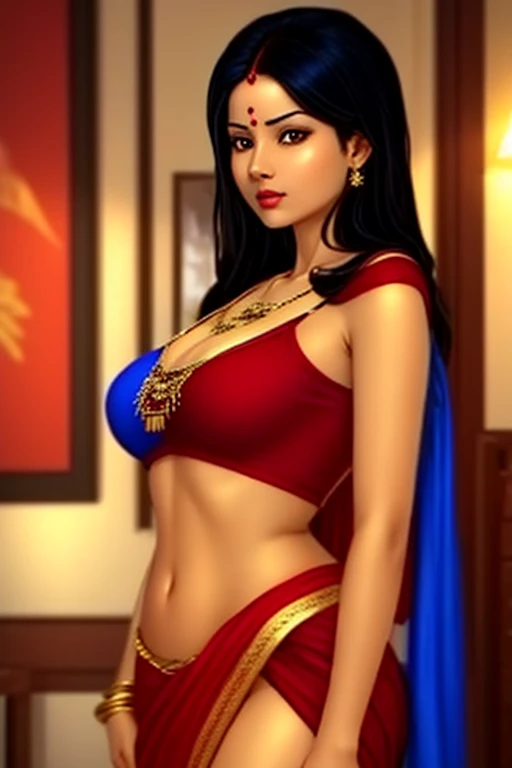 Simple girl, pretty, slim, gold pendant, red blouse, blue saree, black hair, staring at viewer, sweating, ultra-realistic, high quality 