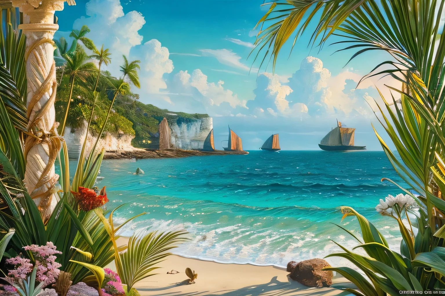 Seascape, water, coconut palm, Flowers, (Highly detailed CG unit 8k wallpaper), The most beautiful works of art in the world, Professional majestic oil painting, Complex, Attention to detail, Sharp focus, dramatic, The art of photorealism painting, Alma Tadema