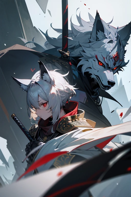 masterpiece、Wolf Knight, Fine Armor, Intricate Design, Silver, silk,8k, sharp、View your audience、Red eyes、Create with this image in mind、Samurai Armor、Transform into a wolf、Wolf Head、