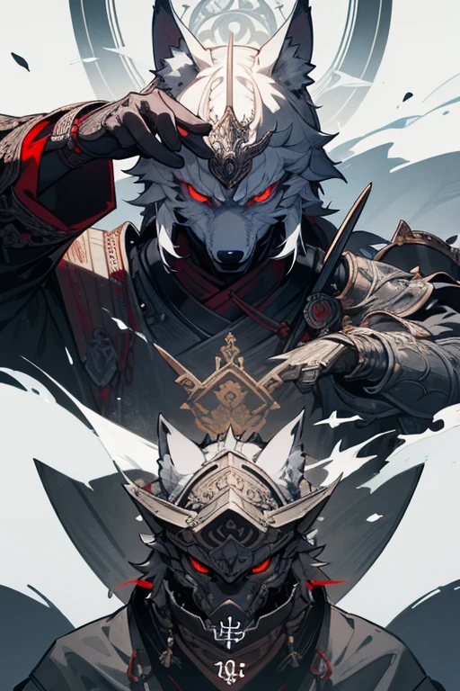 masterpiece、Wolf Knight, Fine Armor, Intricate Design, Silver, silk,8k, sharp、View your audience、Red eyes、Create with this image in mind、Samurai Armor、Transform into a wolf、Wolf Head、