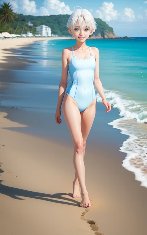 Take a walk on the beach、、girl、alone、White Hair、blue eyes、Short Hair、Enchanting、Walking with a brown tabby cat、Walking to the front、One piece swimsuit、High Leg、smile