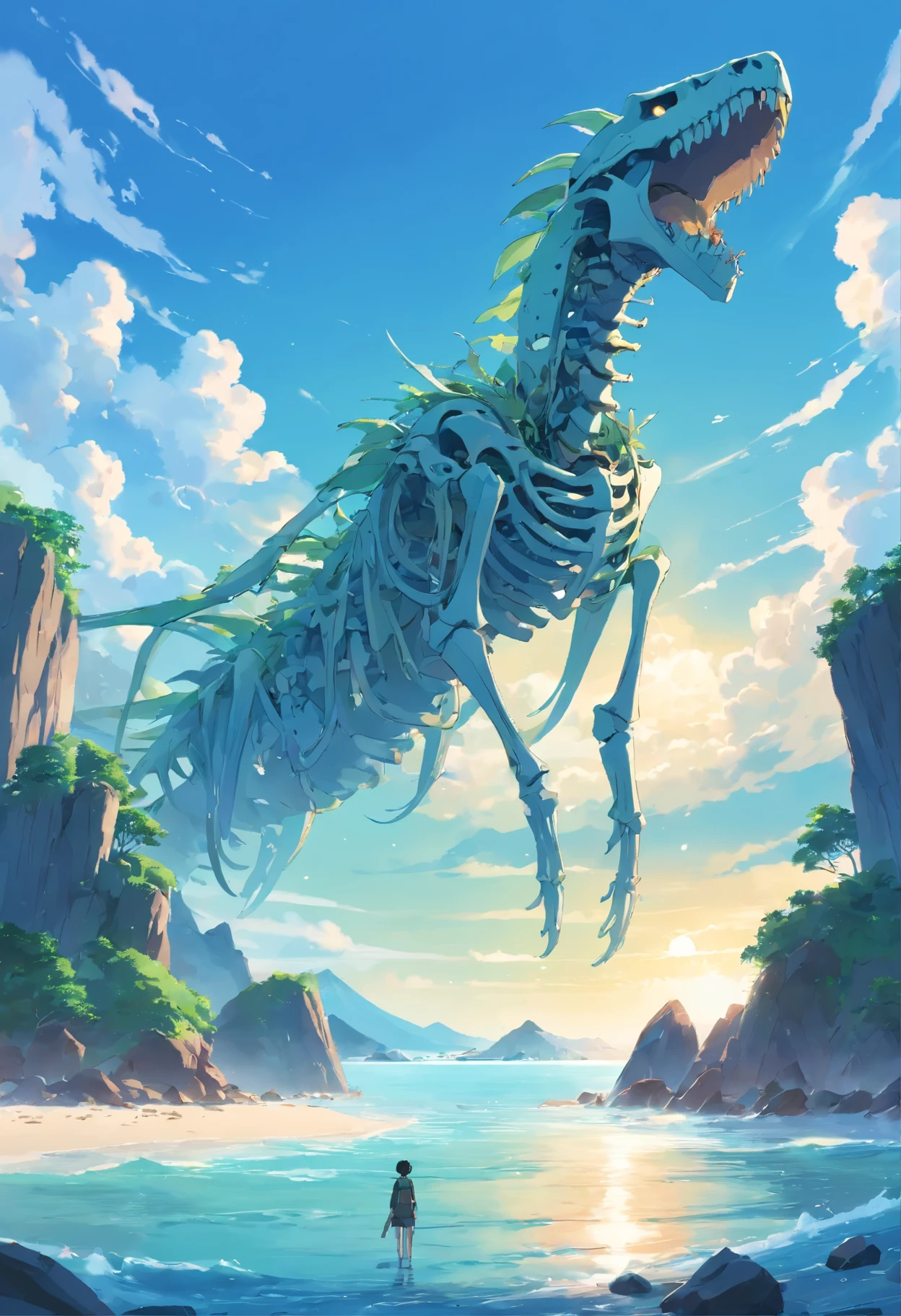 The skeleton of a huge sea beast lies across the island，Sea Islands，Island group，Water element in water，Huge animal bones，A majestic，spectacular，A wyvern swoops down，Ultra-long viewing angle，in a panoramic view，HighestQuali，Island background，Background core Behemoth Island，Overlooking the perspective