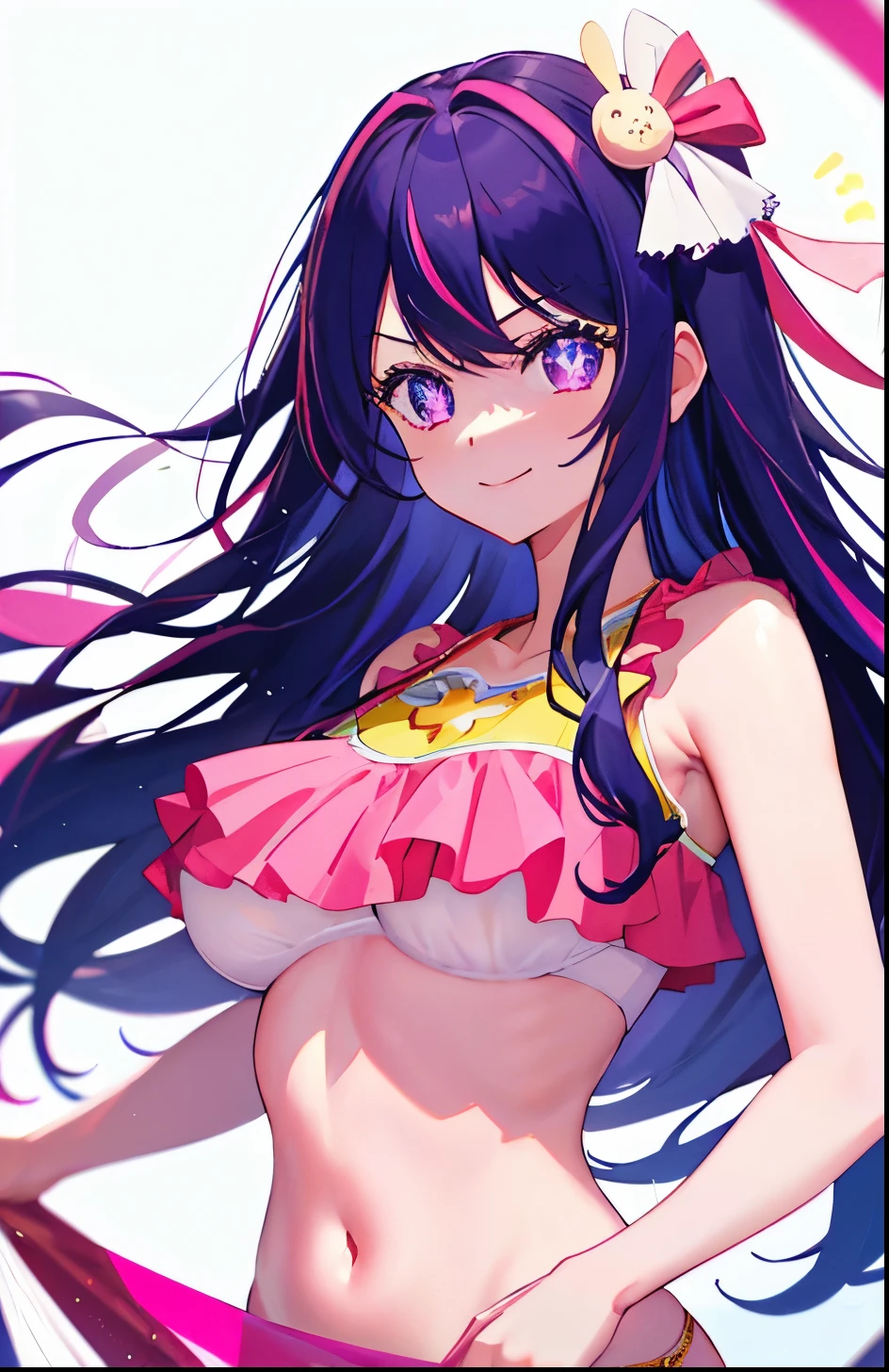 1girl, Hoshino Ai, Long hair, purple hair, Streaked Hair ,violet eyes, star-shaped pupils, hair ornament, (tmasterpiece), (beste-Qualit), (overdetalization),(messy hair),(illustartion), (a 1girl), stands, Model, looks at the viewer, (interview), (Simple background), beautiful detail eyes, Gentle beautiful face, soaring, (high saturation), (Colorful splashes), Colorful Bubble, (radiance), facial focus, (radiance), better lighting, better shadow, (tmasterpiece, hiquality, beste-Qualit), Happy, super happy, big breast, sports bra, sexy, hot, big breast, cleavage , summer outfit, bikini, swim suit, happy, smiling, grabbing her breast, happy, cute , energetic