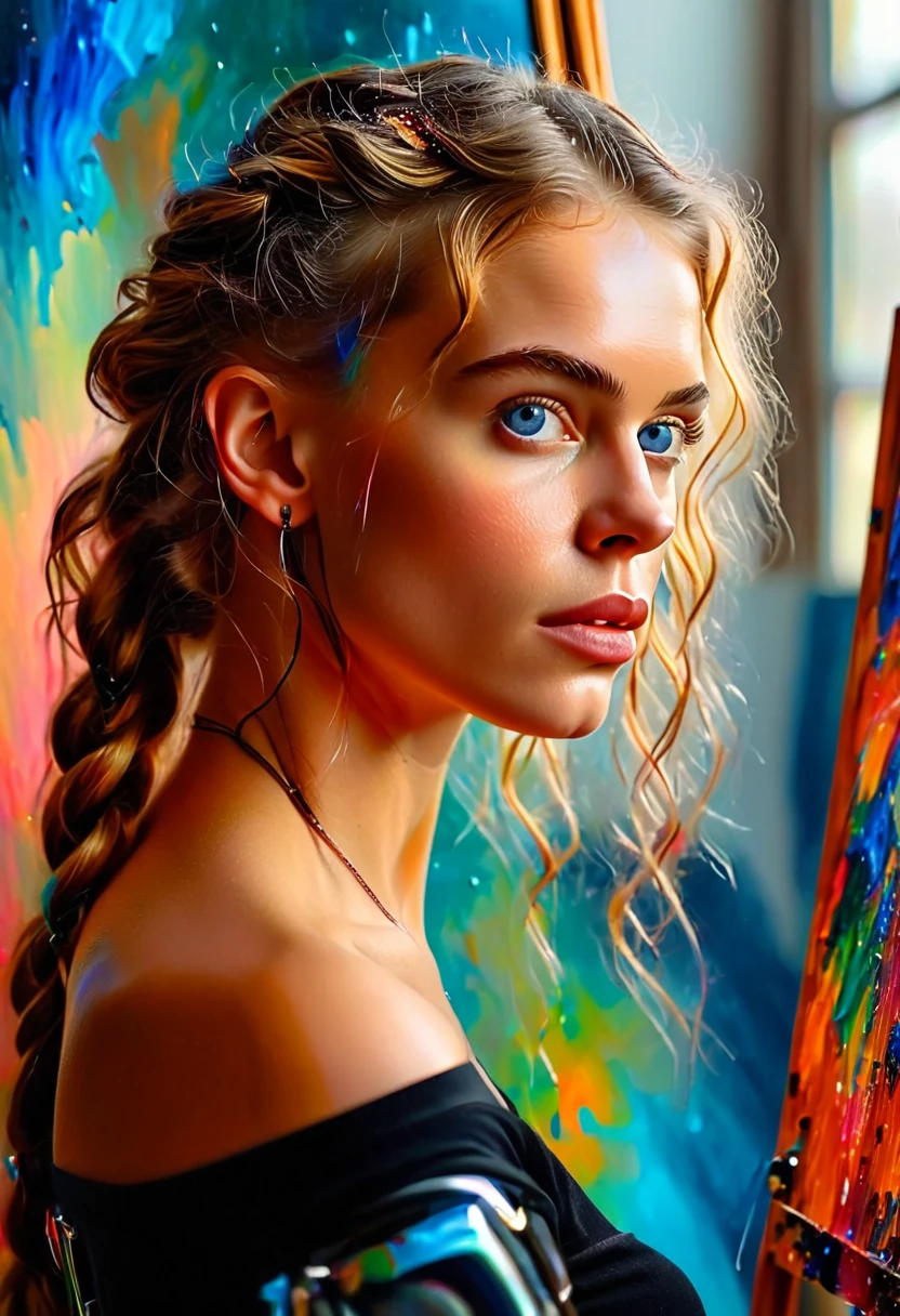 An easel, paints, an artist standing full-length, a cyborg woman painting a self-portrait with a brush in oil paints,, blonde hair, (Best quality, 4K, 8k, A high resolution, masterpiece:1.2), absurdity, masterpiece, ultra detailed, Side view:1.2, (realistic, photorealistic, photorealistic:1.37), complex parts, HDR, (complex parts:1.12), (hyper detailed, hyper realistic, Soft lighting, spicy:1.2), beautiful figure, Magnificent Anatomy, (complex part, Hyper detailed:1.15), Smooth skin,