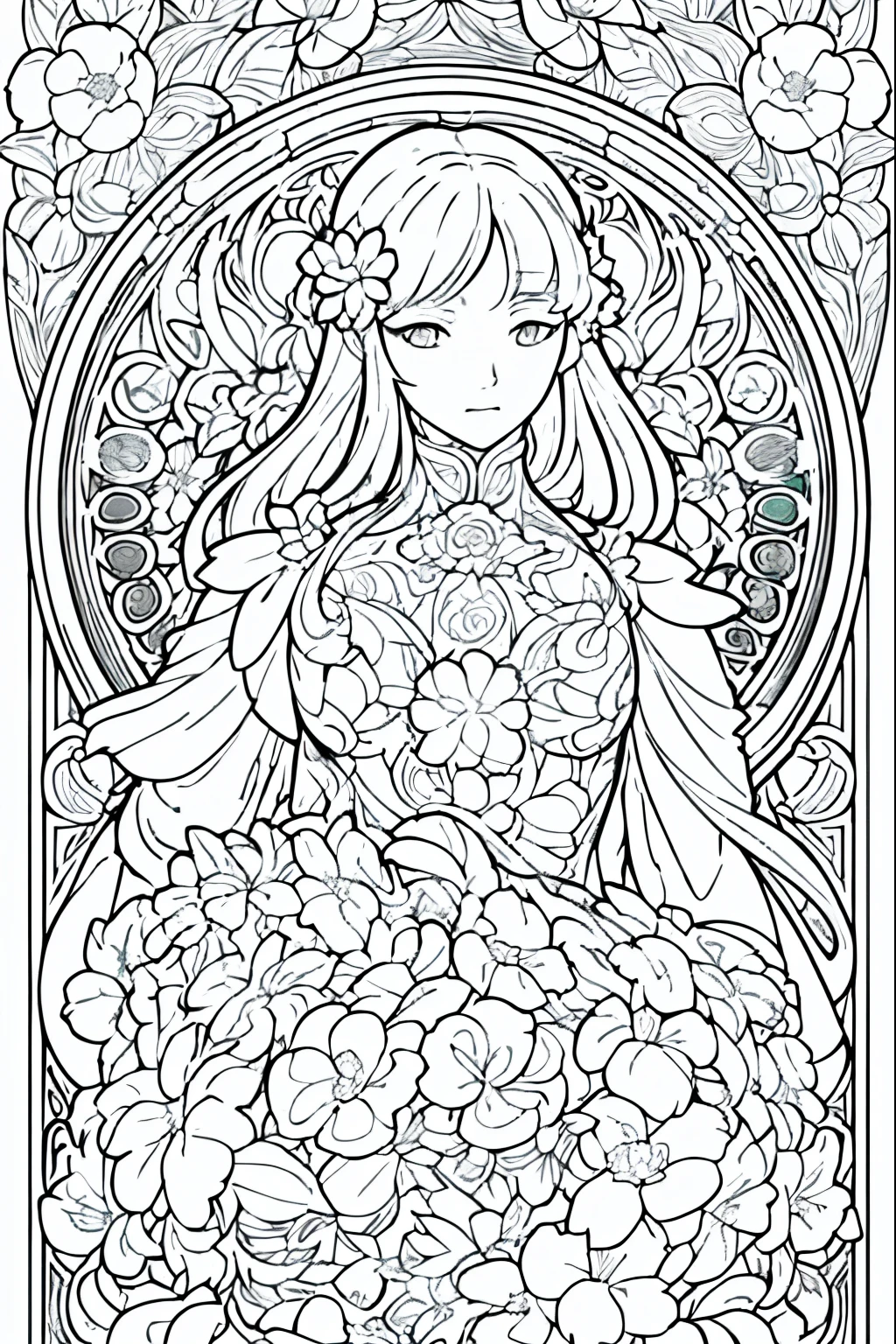 Flower Painting, Floral frame, Decorative panel, Abstract Art of Alphonse Mucha, sketchfab, 色や影のないLine artやシーン. (masterpiece, Better Quality, High resolution: 1.4), be familiar with, Intricate details, 4K, Color Splash, Line art, Fibonacci, 