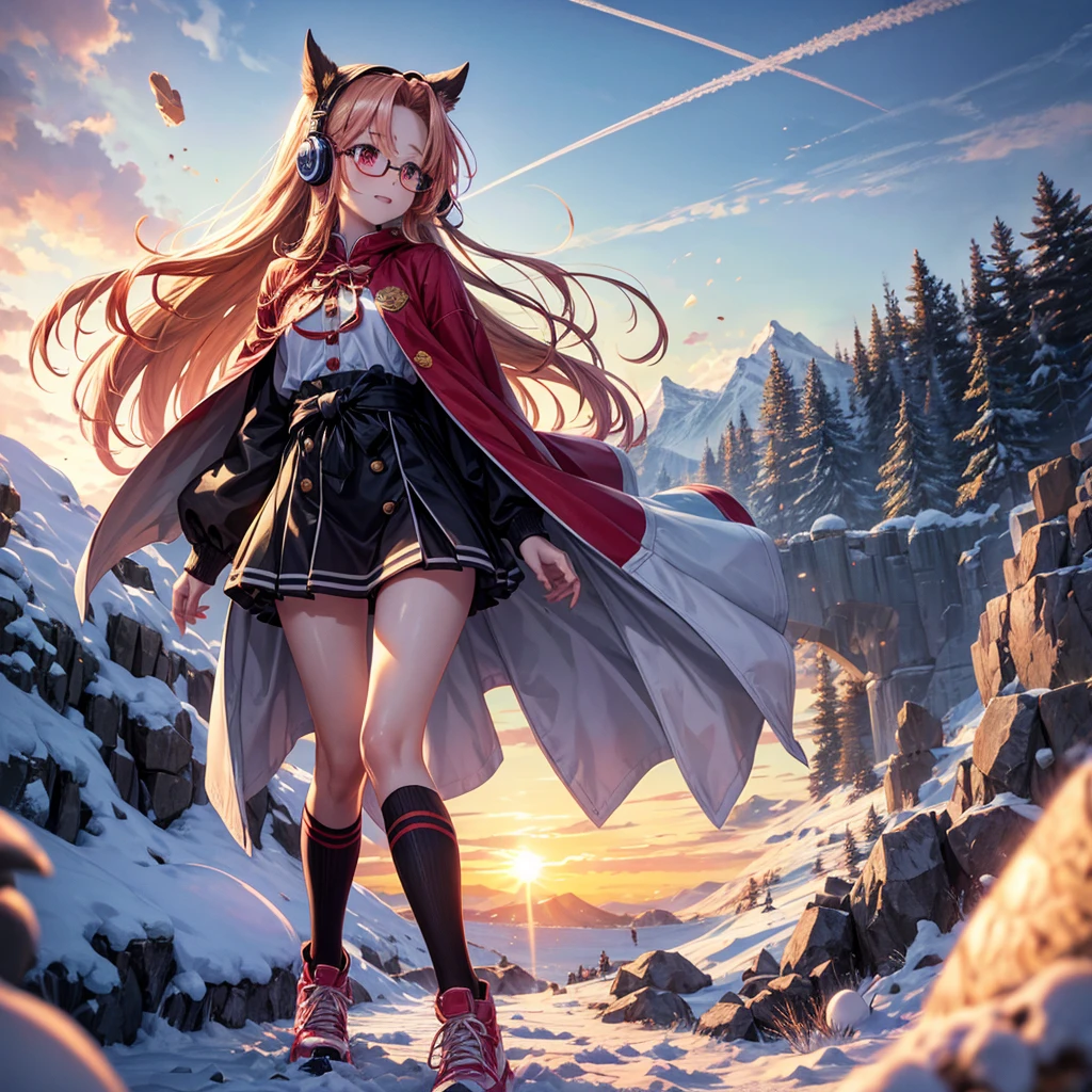 Pink gold golden hair、Red eyes、One good looking girl、solo、anime、Checkered mini skirt、The skirt has buttons、Red T-shirt、Long sleeve、China、Cape、Black knee-high socks、Wearing headphones、Wearing a ribbon、Ribbon on waist、Tilting face、Teeth are visible、tunnel、Sunset sky、The rocks are exploding、Penguins are walking、Snow is piled up、Rocky Mountain、The clouds are breaking through、Contrail、Medusa、Glasses、Cube