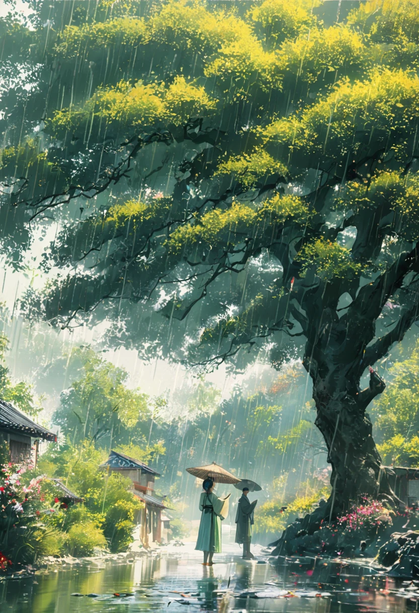 1girl, Cai GuoRUN's illustration style, Rainy Qingming season, Under a willow tree, A shepherd boy, amidst the rain, points into the distance, indicating the direction to Apricot Blossom Village, spring is full of freshness, rich details, spring scene, flat design, soft colors, vibrant tones, Chinese traditional painting elements, photorealistic, Minimal composition, High saturation and high contrast,rich light and shadow details, sharp contrast and clean lines