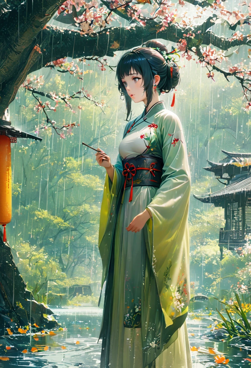 1cgrssh1, Cai GuoRUN's illustration style, Qingming rainy season, Under the willow tree, cowboy, in the rain, pointing into the distance, Direction to Heng Fa Chuen, Spring is full of freshness, Rich details, Spring Scene, Flat design, Soft colors, Vivid tones, Chinese traditional elements, Reality, Minimal composition, High Saturation、High contrast,Rich detail in light and shadow, Sharp contrasts and clean lines