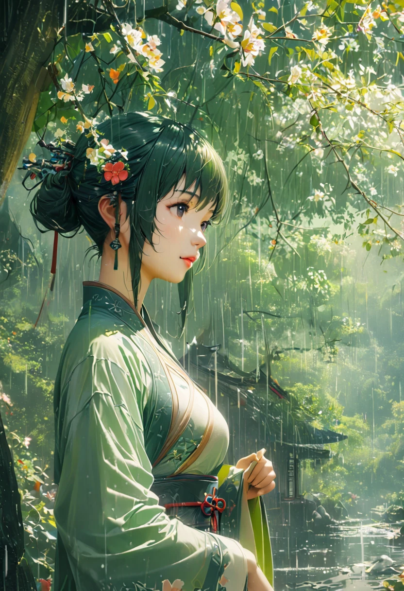 1cgrssh1, Cai GuoRUN's illustration style, Qingming rainy season, Under the willow tree, cowboy, in the rain, pointing into the distance, Direction to Heng Fa Chuen, Spring is full of freshness, Rich details, Spring Scene, Flat design, Soft colors, Vivid tones, Chinese traditional elements, Reality, Minimal composition, High Saturation、High contrast,Rich detail in light and shadow, Sharp contrasts and clean lines