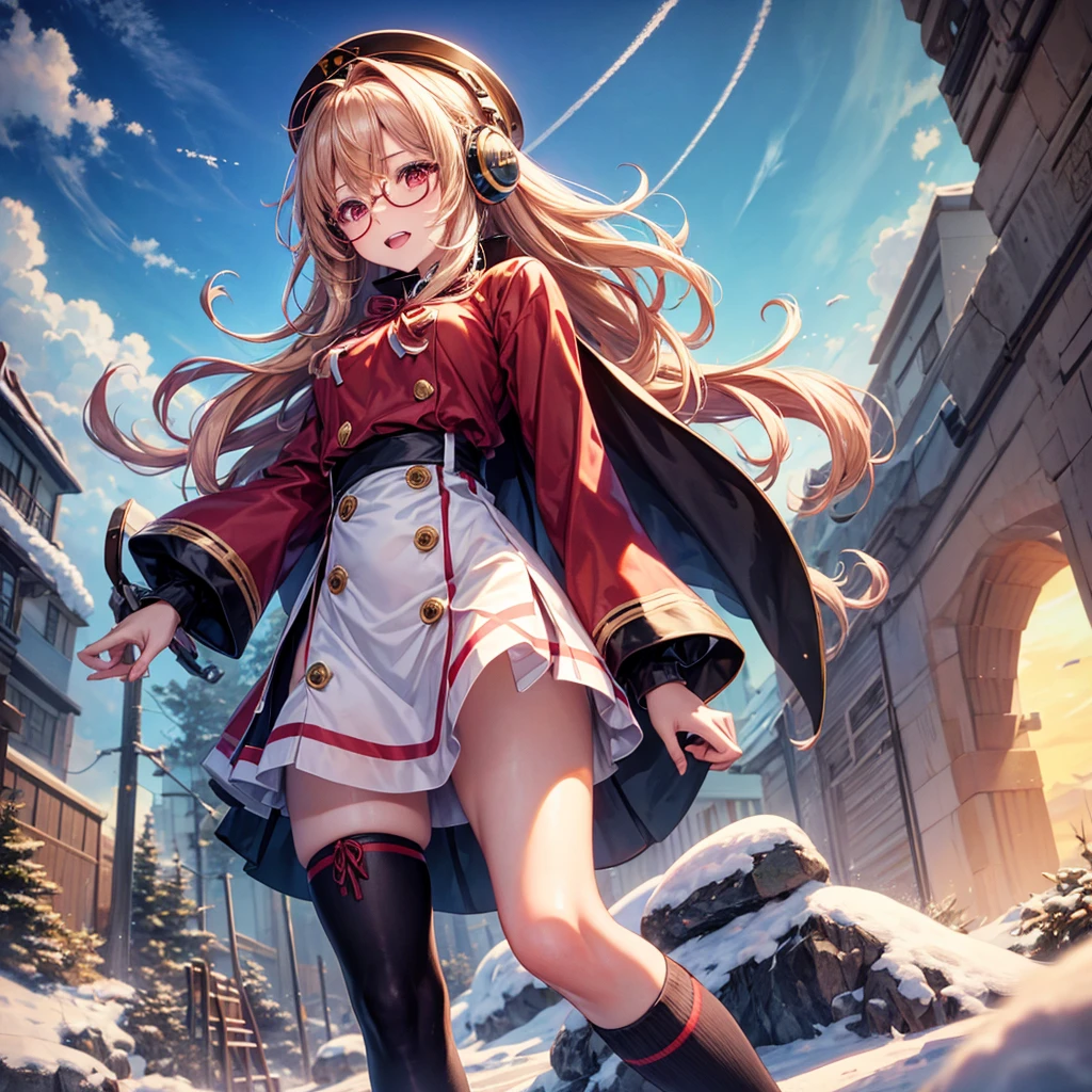Pink gold golden hair、Red eyes、One good looking girl、solo、anime、Checkered mini skirt、The skirt has buttons、Red T-shirt、Long sleeve、China、Cape、Black knee-high socks、Wearing headphones、Wearing a ribbon、Ribbon on waist、Tilting face、Teeth are visible、tunnel、Sunset sky、The rocks are exploding、Penguins are walking、Snow is piled up、Rocky Mountain、The clouds are breaking through、Contrail、Medusa、Glasses、Cube