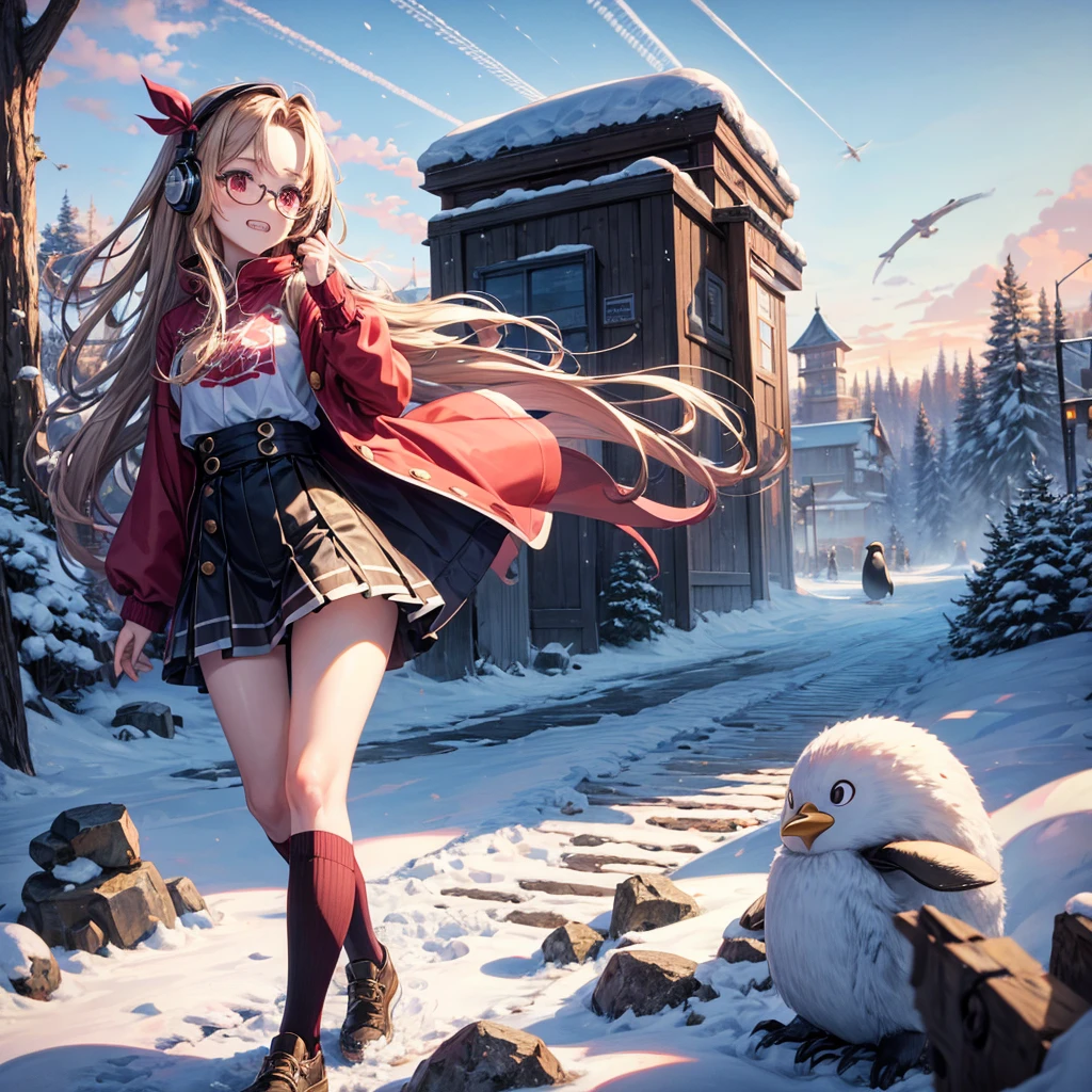 Pink gold golden hair、Red eyes、One good looking girl、solo、anime、Checkered mini skirt、The skirt has buttons、Red T-shirt、Long sleeve、China、Cape、Black knee-high socks、Wearing headphones、Wearing a ribbon、Ribbon on waist、Tilting face、Teeth are visible、tunnel、Sunset sky、The rocks are exploding、Penguins are walking、Snow is piled up、Rocky Mountain、The clouds are breaking through、Contrail、Medusa、Glasses、Cube