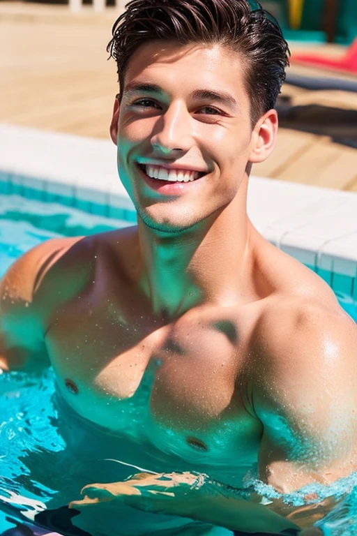 male　Age 25 handsome swimwear front view smile water polo