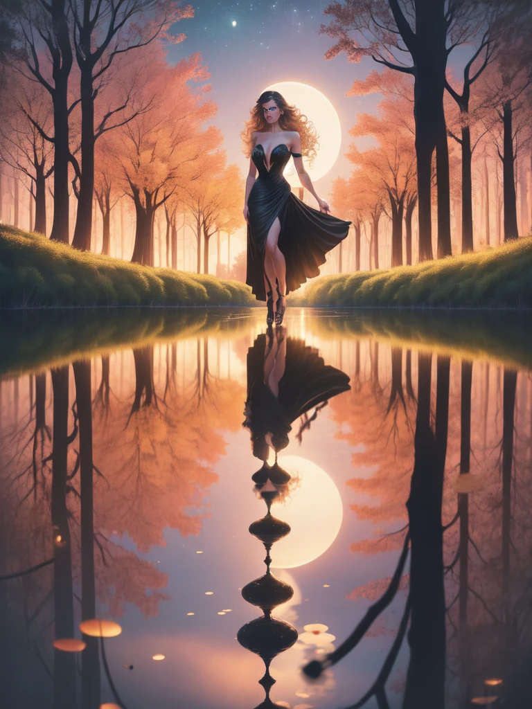 an award winning photoshoot, picture of an extremally beautiful woman model walking on a fashion the (wood catwalk on the runway of a famous fashion show: 1.1) floats on a lake at night, a very beautiful woman, elite Beauty model, long hair, blond hair, green eyes, wearing elegant Haut Couture dress, black dress, wearing high heels, the model's (Catwalk on the runway of a famous fashion show) floats on a lake at night, the model being reflected in the lake, its night time, moon light, reflections, high detail, award winning, best quality, UHD, 16K, rendering, high details, best quality, highres, scenery , ultra wide angle