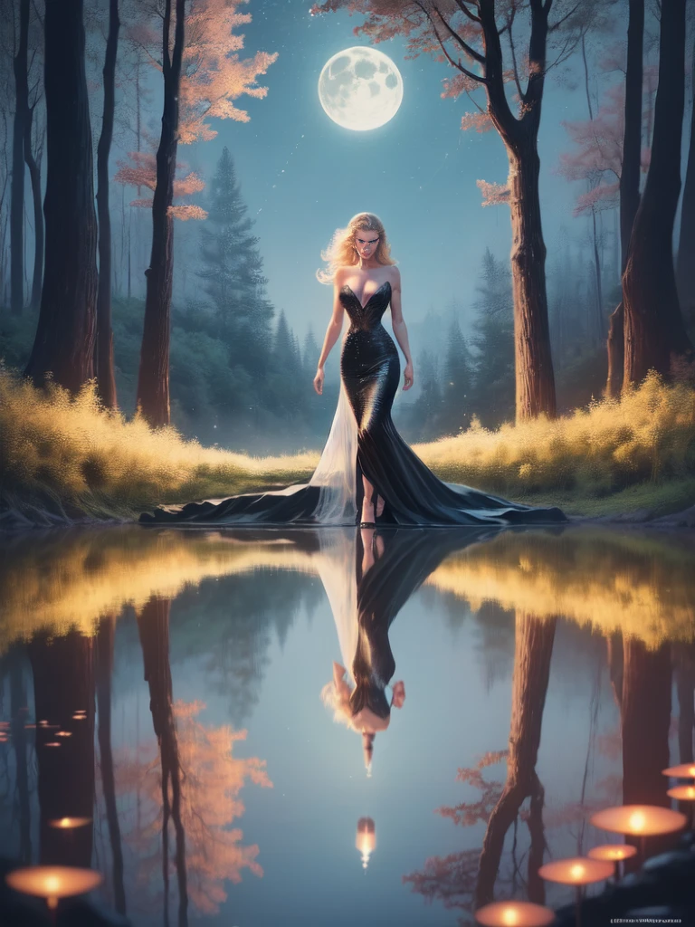 an award winning photoshoot, picture of an extremally beautiful woman model walking on a fashion the (wood catwalk on the runway of a famous fashion show: 1.1) floats on a lake at night, a very beautiful woman, elite Beauty model, long hair, blond hair, green eyes, wearing elegant Haut Couture dress, black dress, wearing high heels, the model's (Catwalk on the runway of a famous fashion show) floats on a lake at night, the model being reflected in the lake, its night time, moon light, reflections, high detail, award winning, best quality, UHD, 16K, rendering, high details, best quality, highres, scenery , ultra wide angle
