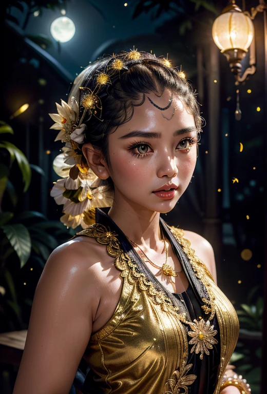 a gorgeous javanese hijab girl in a javanese kebaya under the fullmoon with outstanding soft fullmoon light and fireflies scene, necklace, bracelet, detailed detail, soft rays of light, (medium framing shot), pay attention for the face detail, masterpiece, ultra sharp image,