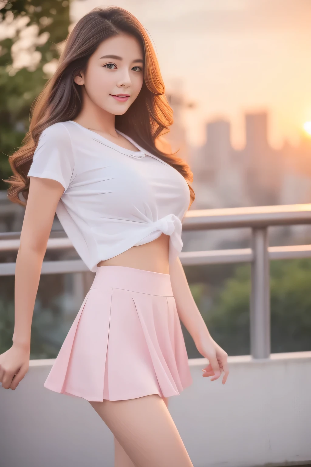 (Raw photo、masterpiece、highest quality、High Resolution)、Cute Japanese、ballet、Embarrassed、Shyness、adult、One Woman、Attractive body、Huge boobs:1.4、Long Wavy Hair、high school 、Thighs 、White socks、Open shirt、Tight shirt、A see-through shirt、double eyelid、Perfect Anatomy、Very short skirt、sexy、loafers、paved、Cityscape、Fluttering skirt、Fluttering Hair、Fluttering in the wind、Wearing panties、Embarrassing、(Perfect Anatomy、Beautiful body、Healthy Body,Beautiful Skin)、evening、sunset、Professional photography、gravure、((My Wife))、