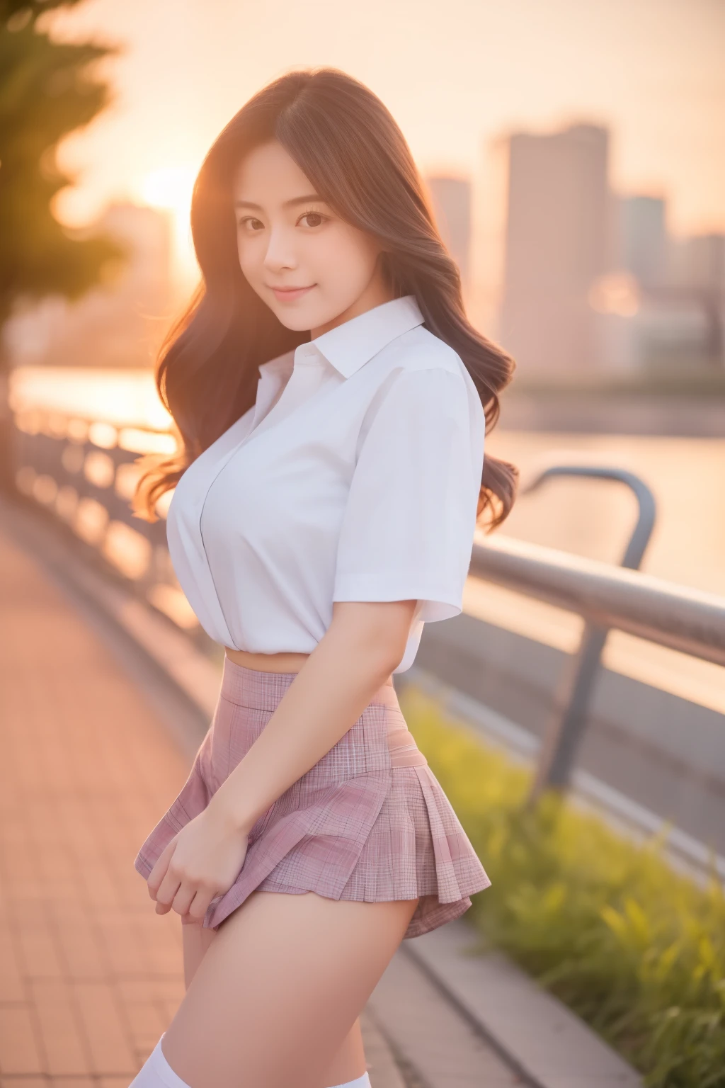 (Raw photo、masterpiece、highest quality、High Resolution)、Cute Japanese、ballet、Embarrassed、Shyness、adult、One Woman、Attractive body、Huge boobs:1.4、Long Wavy Hair、high school 、Thighs 、White socks、Open shirt、Tight shirt、A see-through shirt、double eyelid、Perfect Anatomy、Very short skirt、sexy、loafers、paved、Cityscape、Fluttering skirt、Fluttering Hair、Fluttering in the wind、Wearing panties、Embarrassing、(Perfect Anatomy、Beautiful body、Healthy Body,Beautiful Skin)、evening、sunset、Professional photography、gravure、((My Wife))、